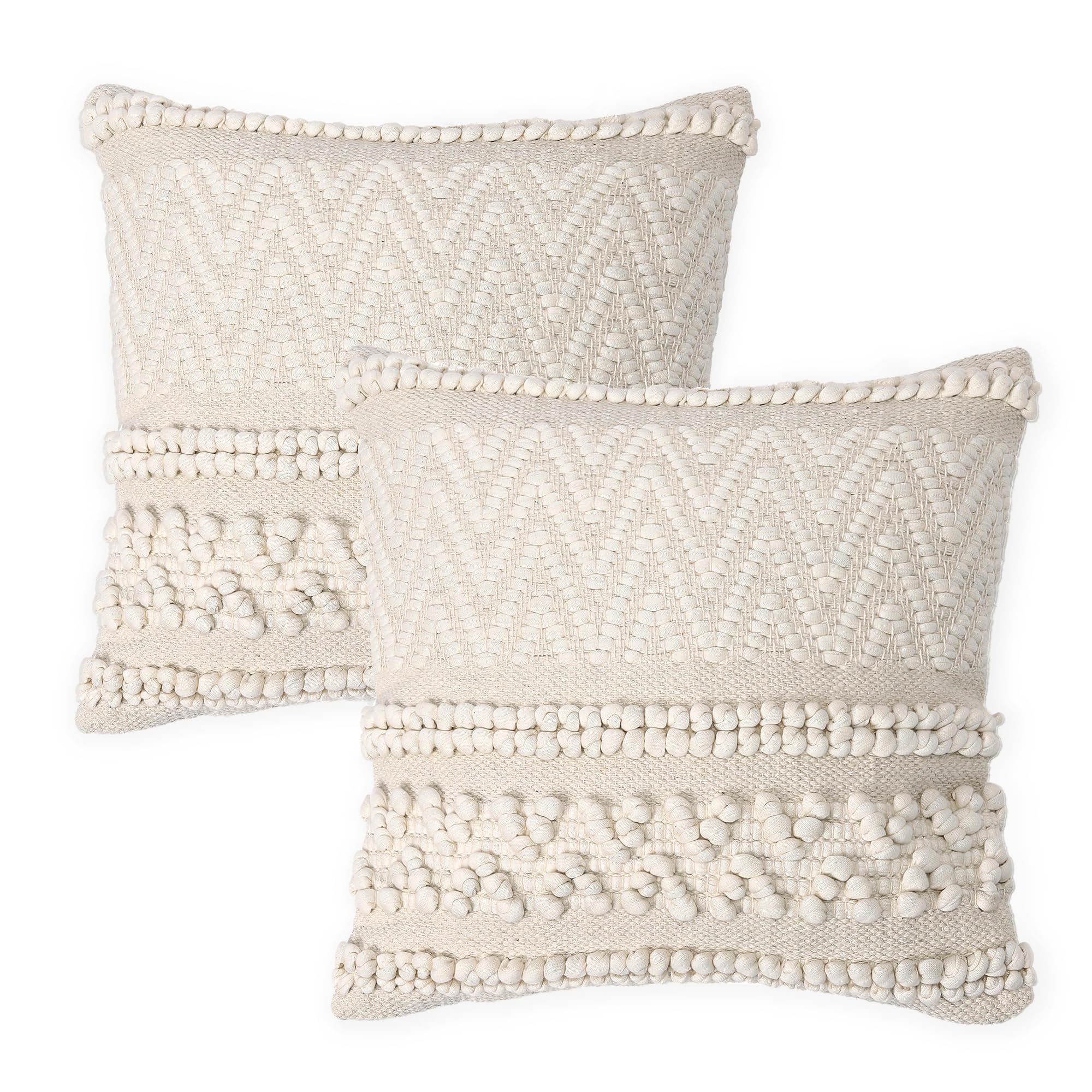 REDEARTH · Tufted Throw Pillow Cushion Covers - Boho Textured Woven Decorative Cases Set for Couch, Sofa, Bed, Farmhouse, Chair, Patio, Car - 100% Cotton (18x18 ; Boho Chic Natural) Pack of 2