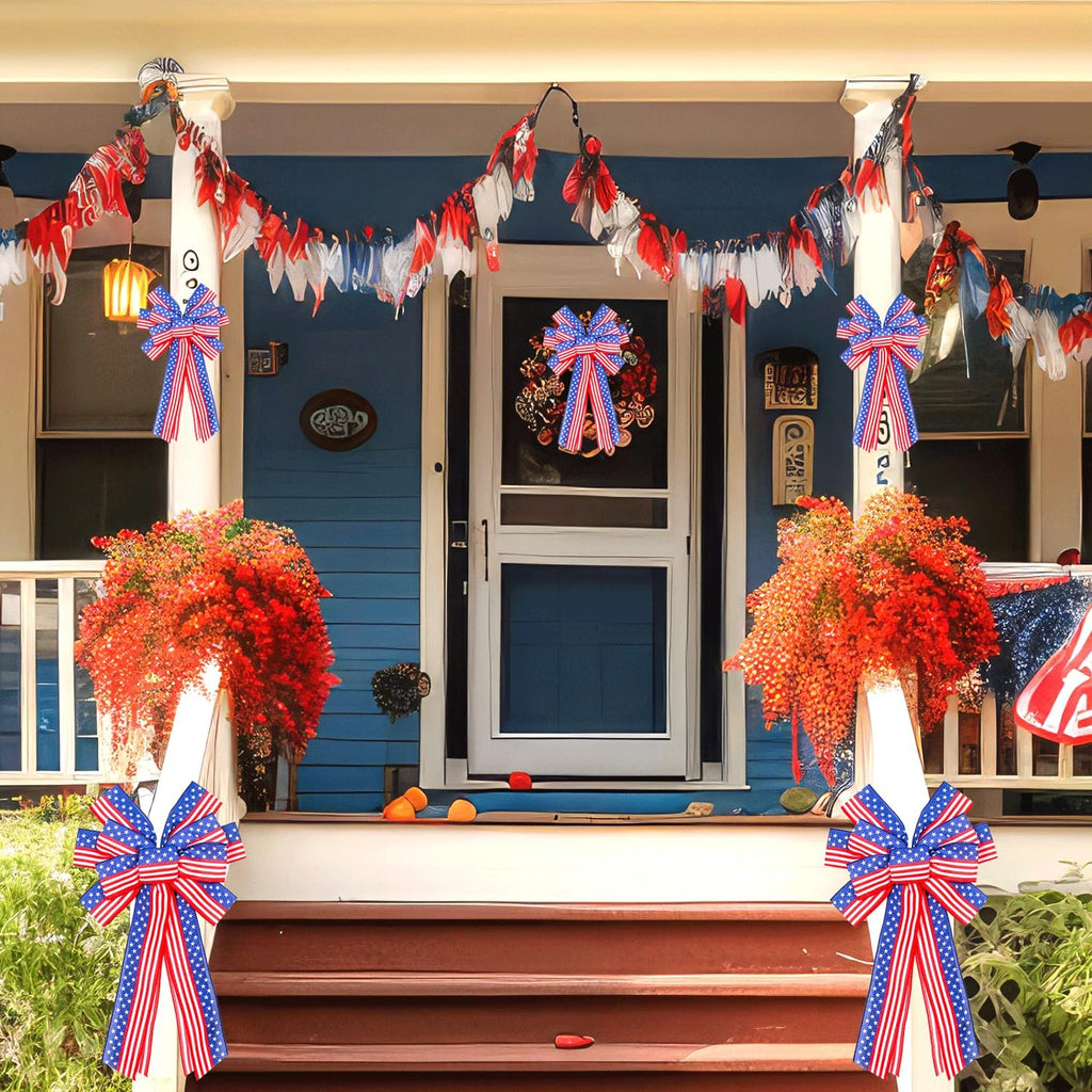 Skiennix Large Patriotic Wreath Bows - Star & Stripe American Flag Design | 20" x 12" Red & Blue Burlap for Holidays