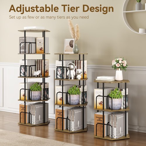 SUNMORY 4 Tier Rotating Bookshelf Tower, Revolving 360 ° Spinning Bookcase, Hexagonal Corner Book Shelf Storage Carousel, Vertical Rotate Turning Organizer Book Shelves for Living Room Office Bedroom