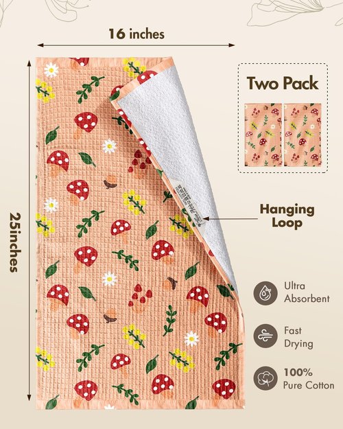 Miss Adola Cotton Waffle Kitchen Towels – Cute 370 GSM 16x25 Inch Terry Cloth Waffle Decorative Dishcloth for Kitchen Set of 2 with Hanging Loop Absorbent Hand Tea Towel for Home Design, Mushroom