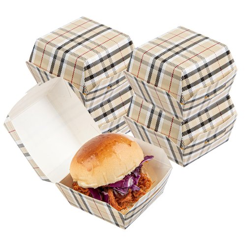 Restaurantware 2.5 x 2.5 x 2 Inch Mini Burger Boxes 100 Clamshell Food Containers - Hinged Lid Disposable Plaid Paper Take Out Boxes Serve Sliders Or Finger Foods