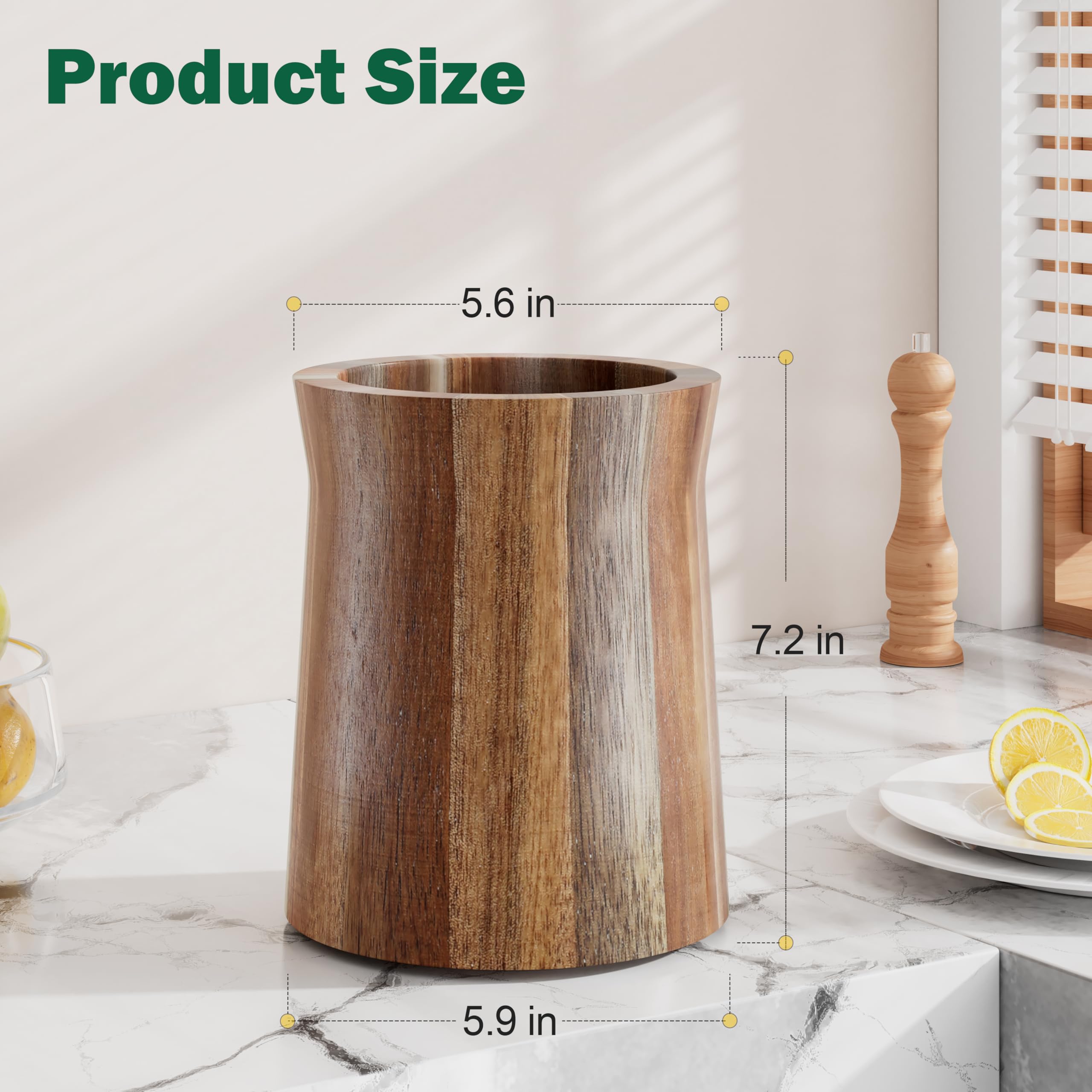 Segtenant Utensil Holder, Acacia Wood Utensil Holder for Kitchen Counter, 360° Rotating Cooking Utensil Crocks for Countertop, 7.2" Large Utensil Organizer for Spatula Storage