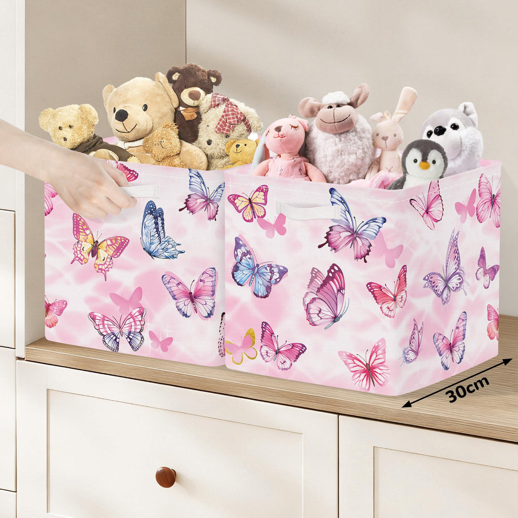 Clastyle Butterfly Kid Storage Cube Organizer Set Watercolor Closet Clothes Cube with Metal Frame Storage Bin Nursery Toddler Toy Box Chest Girl Book Shelf Basket, Pink, 11.8x11.8x11.8 in