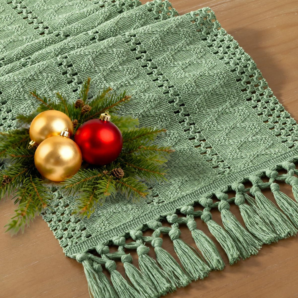 Socomi Sage Green Boho Table Runner - Rustic Macrame Woven Cotton Linen Decor | 12x60 Inch for Dining & Coffee Tables