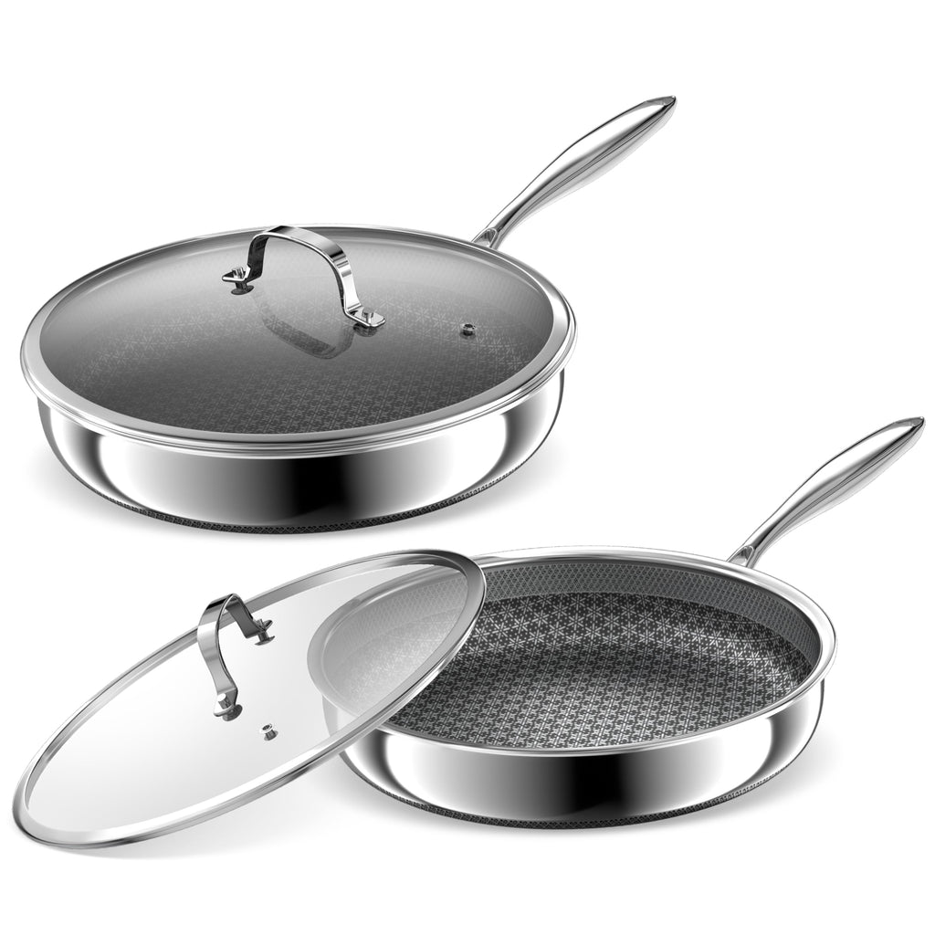 KURRUNGIE Hybrid Non Stick Frying Pans 2 Piece set, Stainless Steel Frying Pans with Tempered Glass Lid, 10" 12" 5 Ply Induction Cookware, Oven-Safe Up to 800°F, Compatible with All Cooktops
