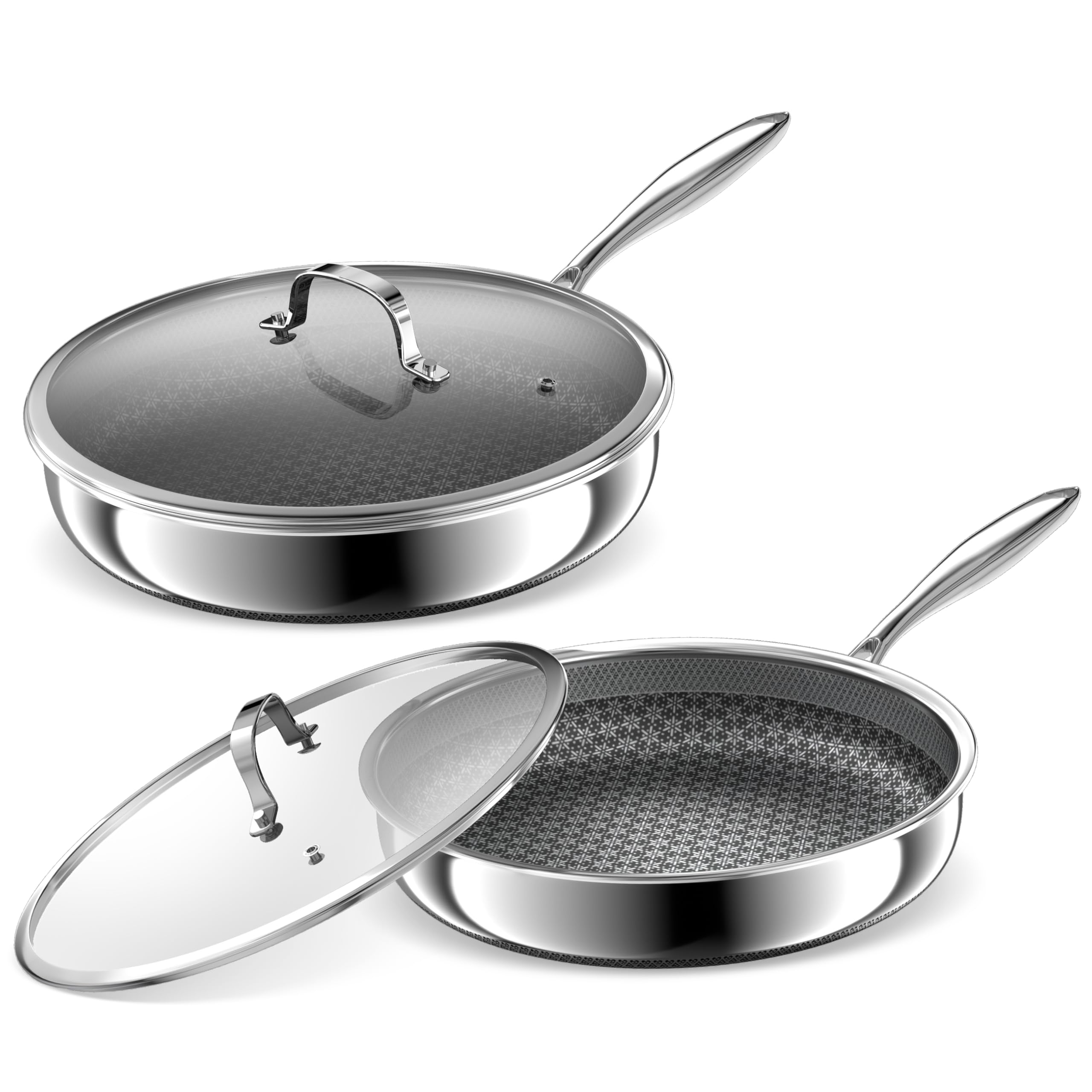 KURRUNGIE Hybrid Non Stick Frying Pans 2 Piece set, Stainless Steel Frying Pans with Tempered Glass Lid, 10" 12" 5 Ply Induction Cookware, Oven-Safe Up to 800°F, Compatible with All Cooktops