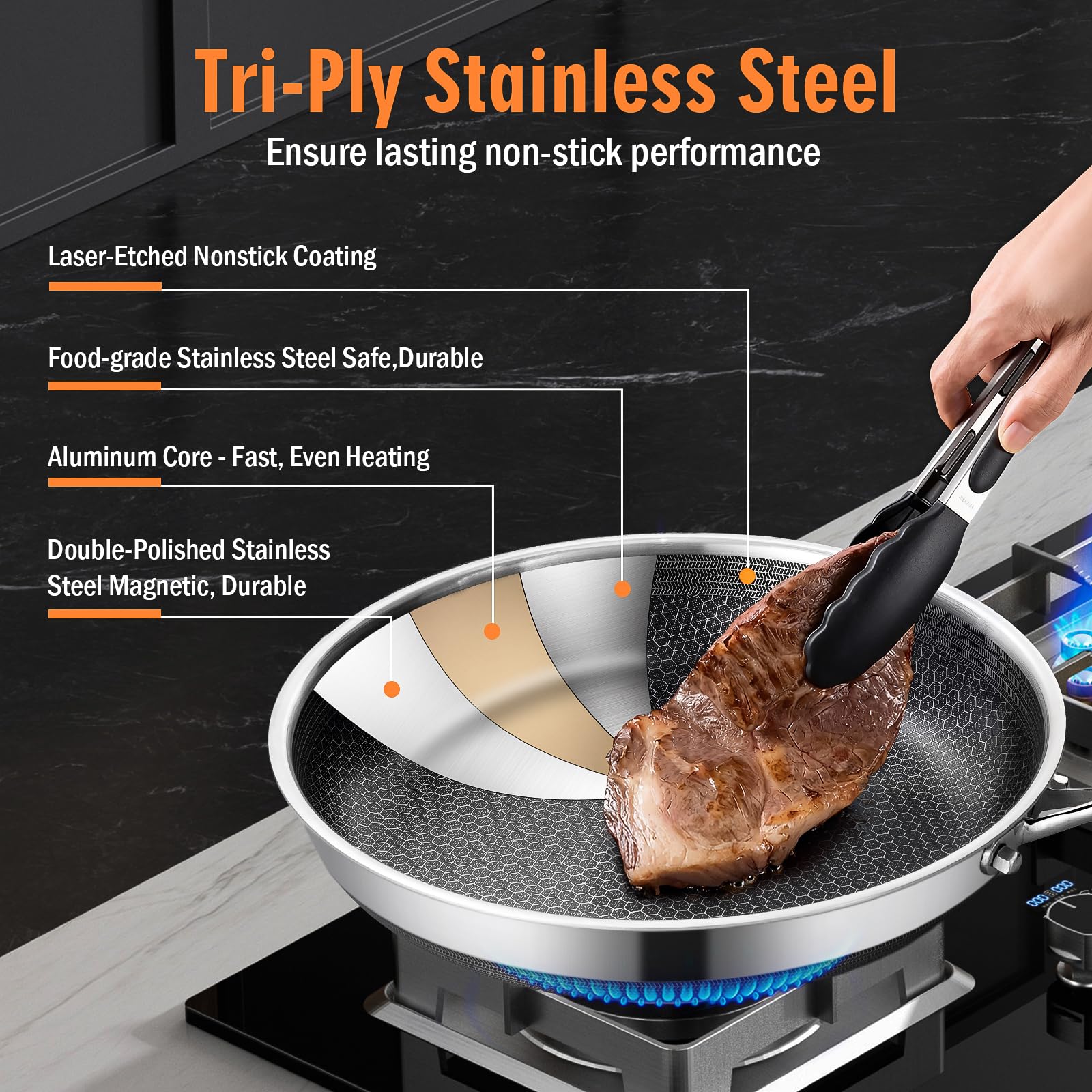 AOSION Nonstick Frying Pans Set,Hybrid Skillets Set with Lid(8+10+9+12inch), Hybrid Stainless Steel Frying Pans Set of 3 for Cooking,PFAS/PFOA Free Cookware Sets,Induction Compatible.