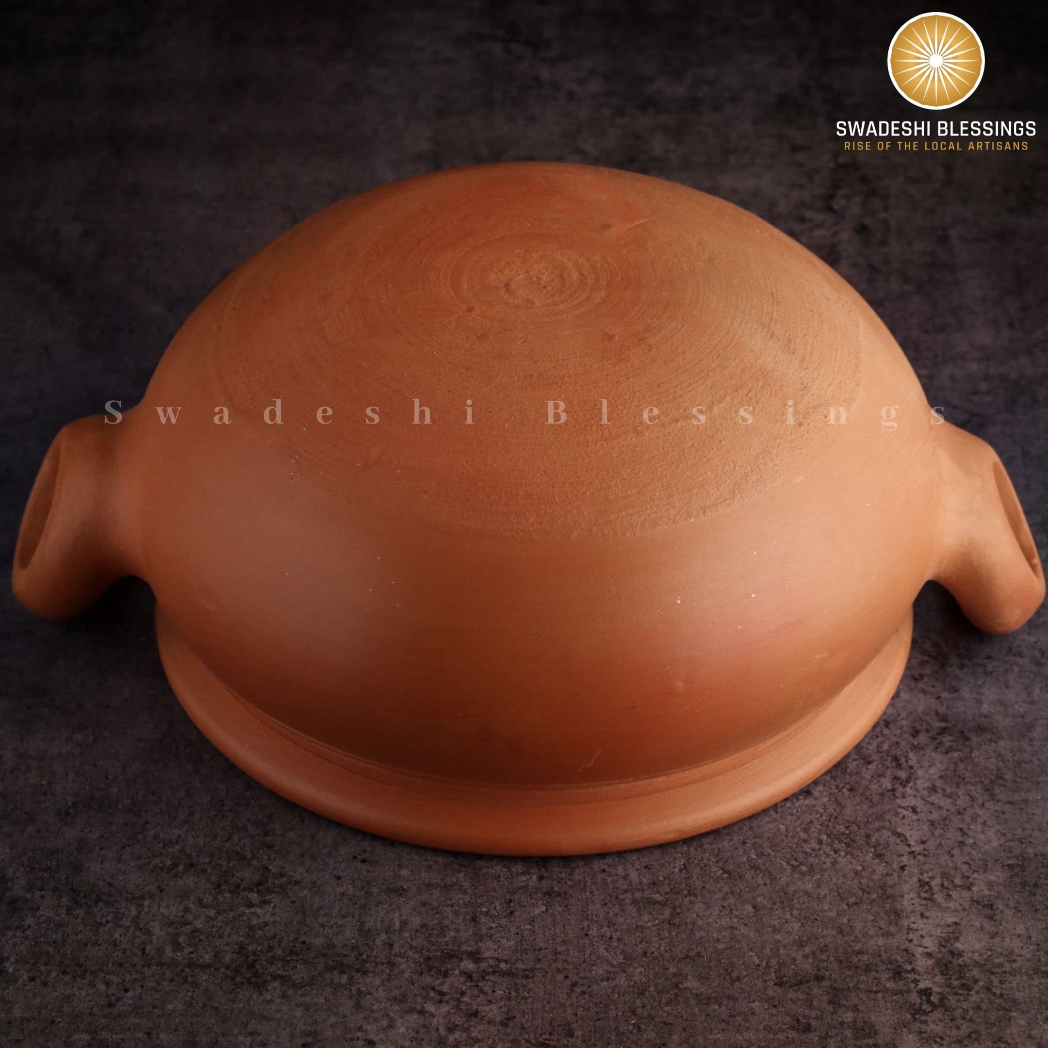 Swadeshi Blessings Exclusive Range Unglazed Clay Pot For Cooking & Serving with Lid/Earthen Kadai/Mud Handi/Mitti Ke Bartan (With Mirror Shine) + ASH For Cleaning (3 Liters)