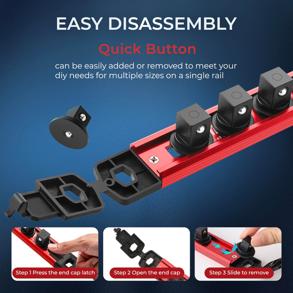 Reniteco Magnetic Socket Organizer Set, 3PC 3/8-Inch Drive Aluminum Alloy Socket Rail, Heavy Duty Magnetic Socket Holder for Tool Box Drawer, 360° Swivel Socket Rack, 3/8" x 42 Clips, Red