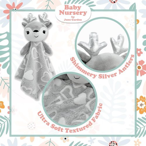 June Garden Cozy Dream Fleece Baby Security Blanket - Soft Plush Stuffed Deer Lovey | 15 x 15 Inches - Grey