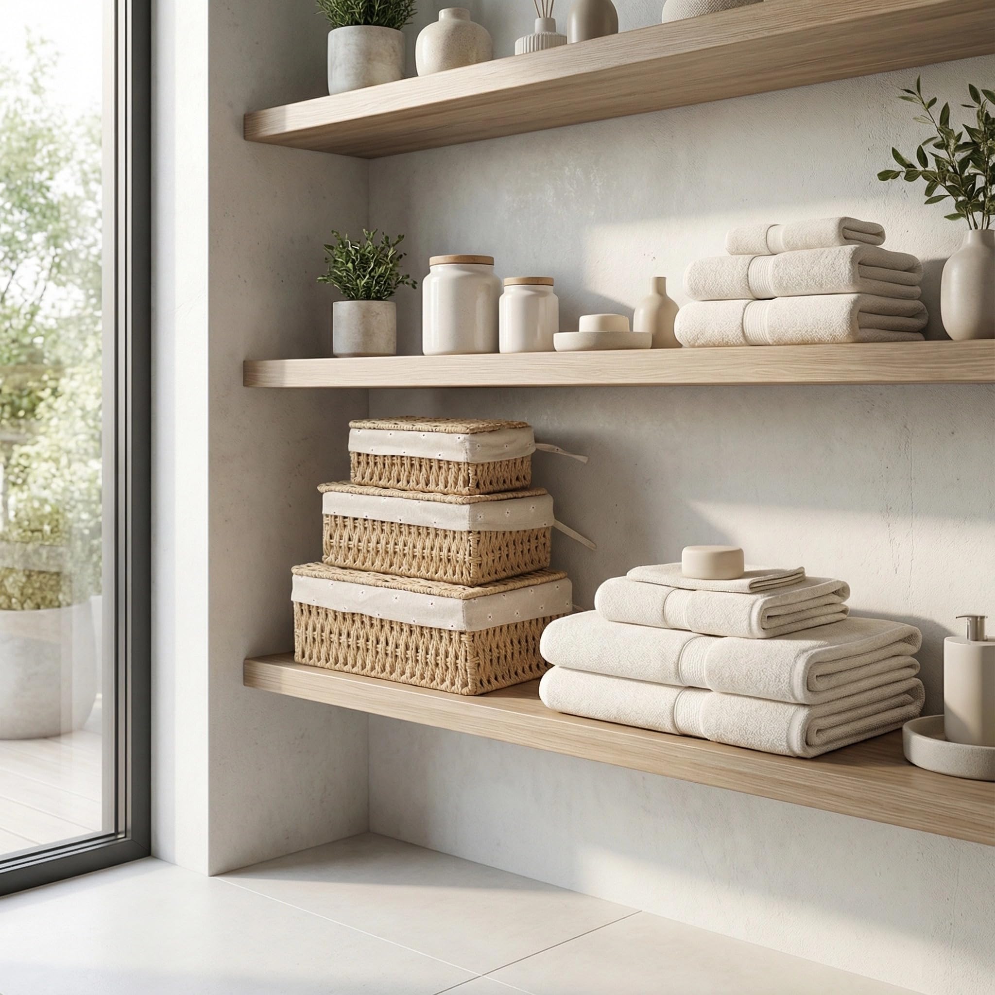 Storage Baskets with Lids, Set of 3 Wicker Baskets with Lids, Khaki Paper Rope Woven Storage Boxes with Removable Liners, Stackable Shelf Bins for Bathroom, Closet, Nursery