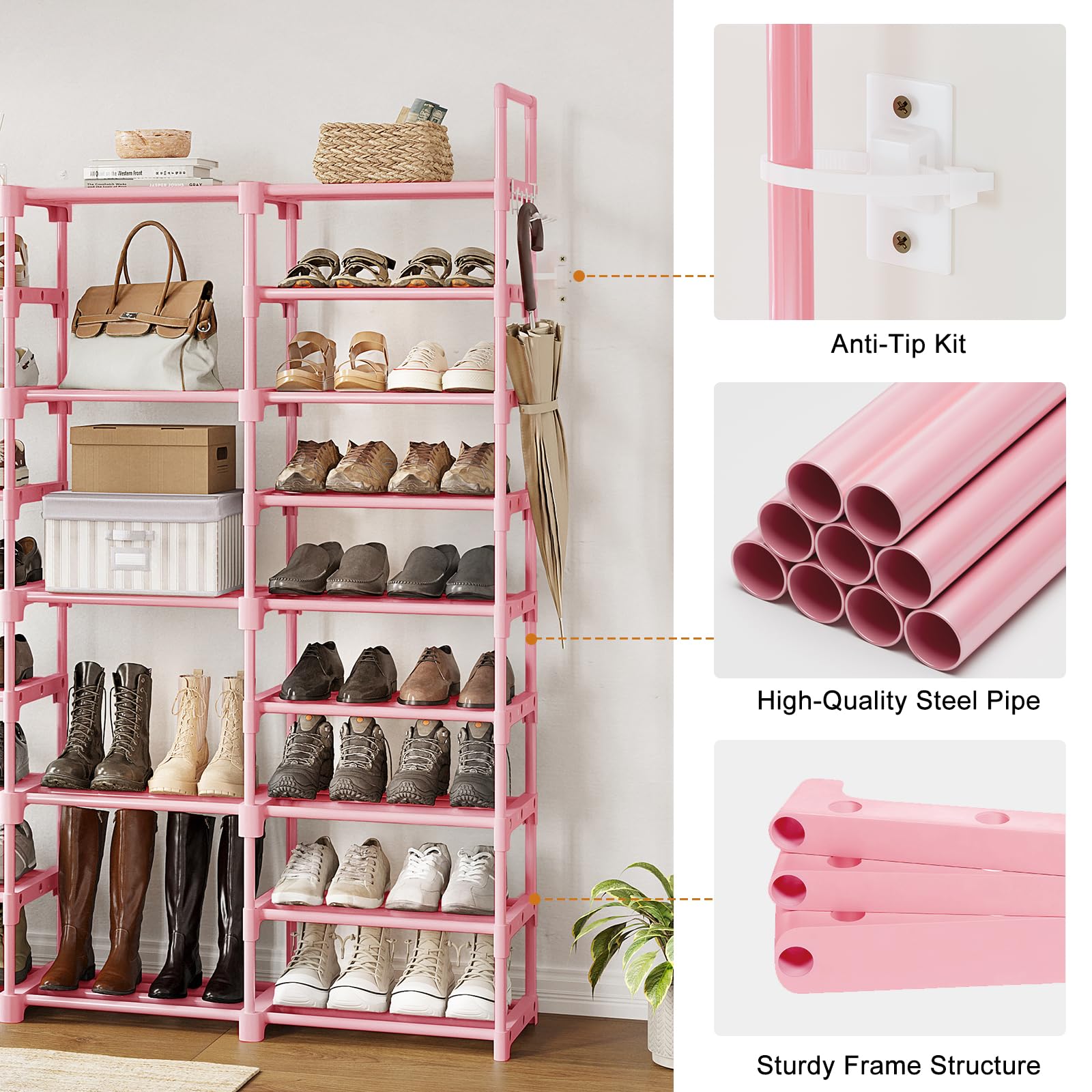 WOWLIVE 9 Tiers Shoe Rack Shoe Storage Shoe Organizer 50-55 Pairs Shoe Tower Unit Shelf Durable Metal Pipes with Plastic Connectors Stackable Cabinet Pink