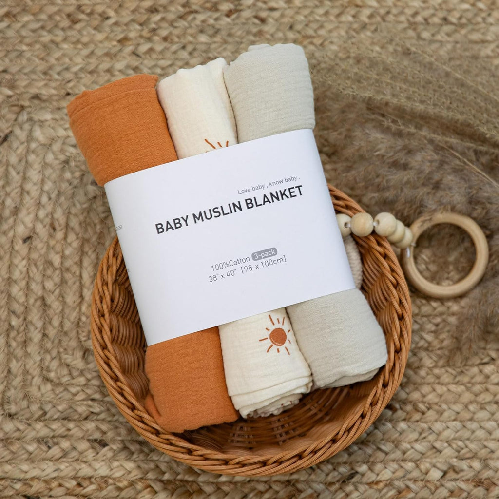 Skiennix Muslin Swaddle Blankets - Breathable Soft Receiving Blankets, 3 Pack, Large 38 x 40 Inches, Elegant Colors