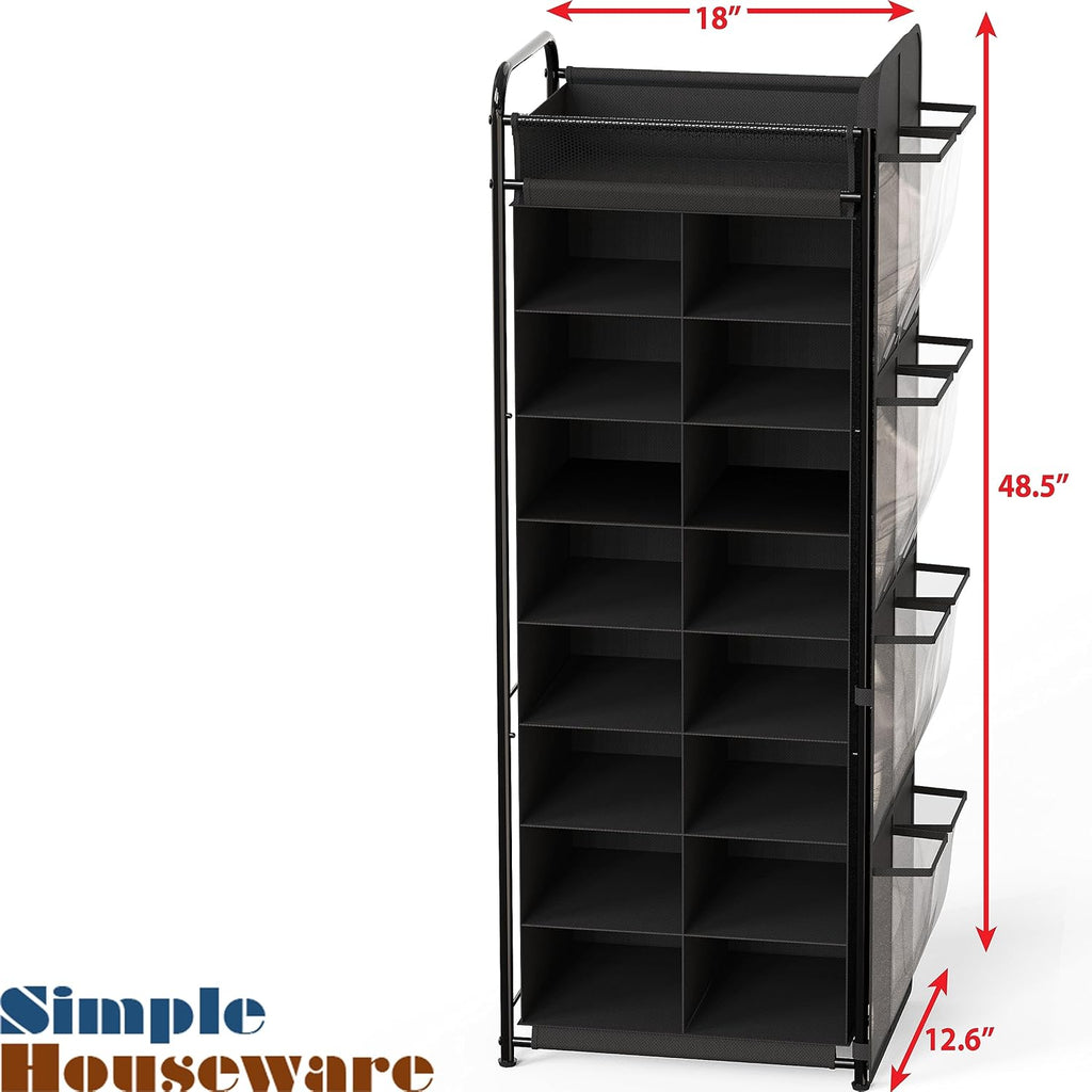 Simple Houseware 16-Cube Shoe Stand Tower Rack - 8-Tier Design with Top Shelf & Side Pockets, Black