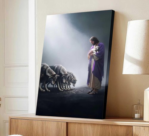 Jesus and Lamb Canvas Wall Art - Shepherd Protects Lamb | Inspirational Christian Decor for Home