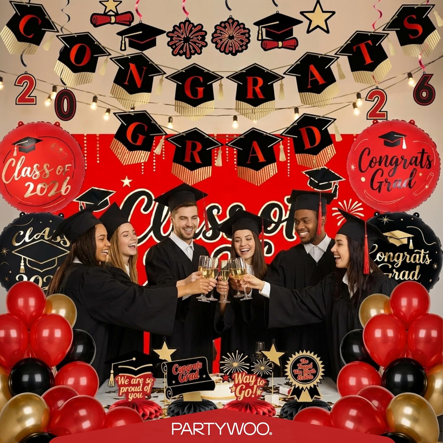 PartyWoo Graduation Decorations - Class of 2026 Supplies Set with Red Backdrop & Balloons | 40pcs