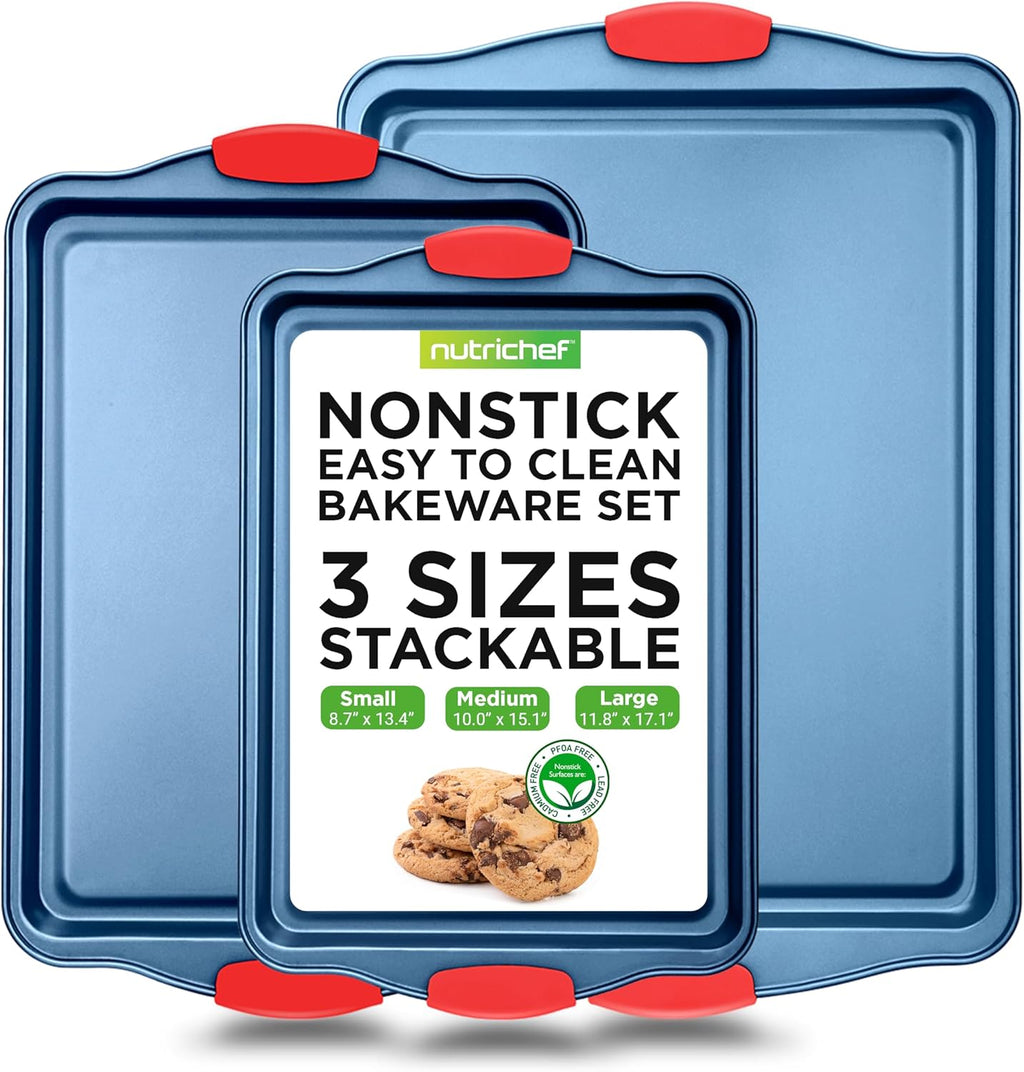 NutriChef Nonstick Cookie Sheets Set - Premium Carbon Steel Baking Trays with Silicone Handles | Large, Medium, Small - Blue