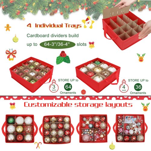 HKQ Large 2-in-1 Christmas Ornament Storage Box & Xmas Figurine Container,4 Separate Trays Keep 64-3"/ 36-4" Holiday Ornaments,Adjustable Extent Area for Figurines and Pockets for Decoration
