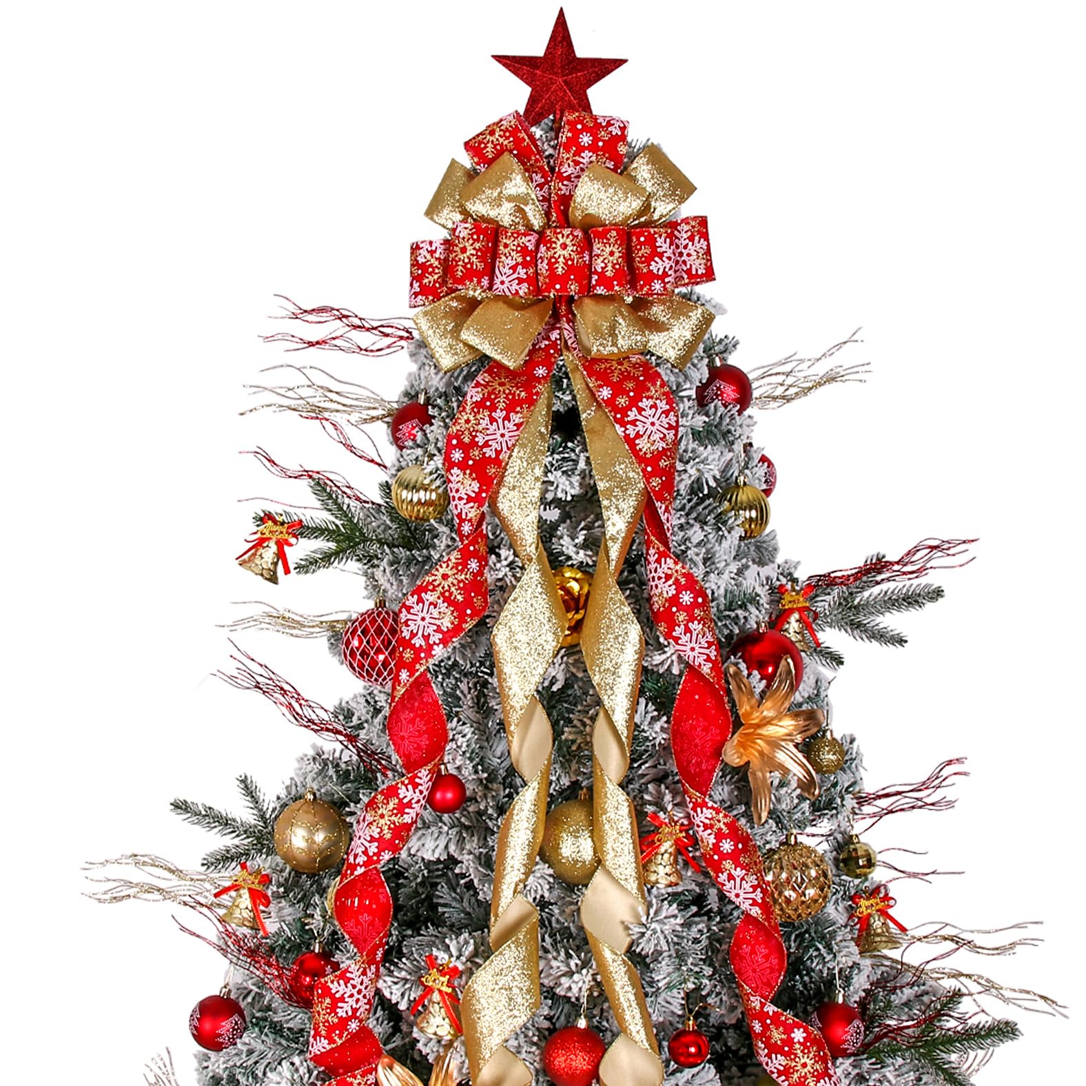 Christmas Tree Topper Wreath Bow Large Christmas Bow Tree Topper 52"x13" Red Gold Snowflake Patterned Gift Bows for Xmas Holiday Home Wedding Thanksgiving Indoor/Outdoor Decoration