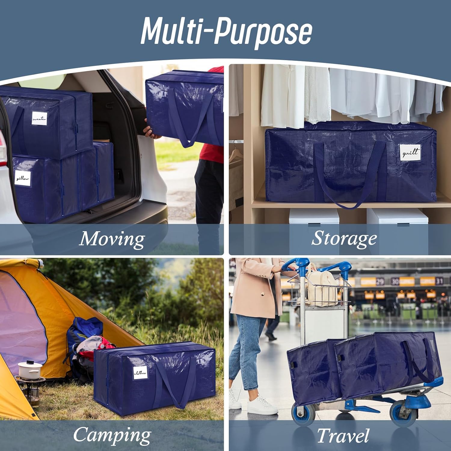 Skiennix Extra Heavy Duty Large Moving Bags - Strong Zipper & Comfortable Handles | Dark Blue, 6 Pack