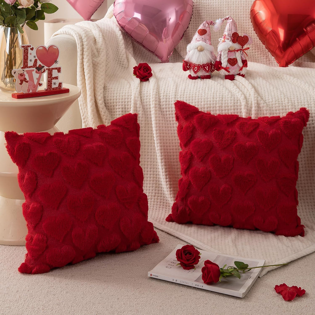 Valentines Day Red Heart Soft Plush Love Heart Pillow Covers Room Decor Cute Faux Fur Soft Preppy Stuff Gift Fluffy Plush Pillow Covers For Bed Sofa Couch (18 X 18 Inch,Red)