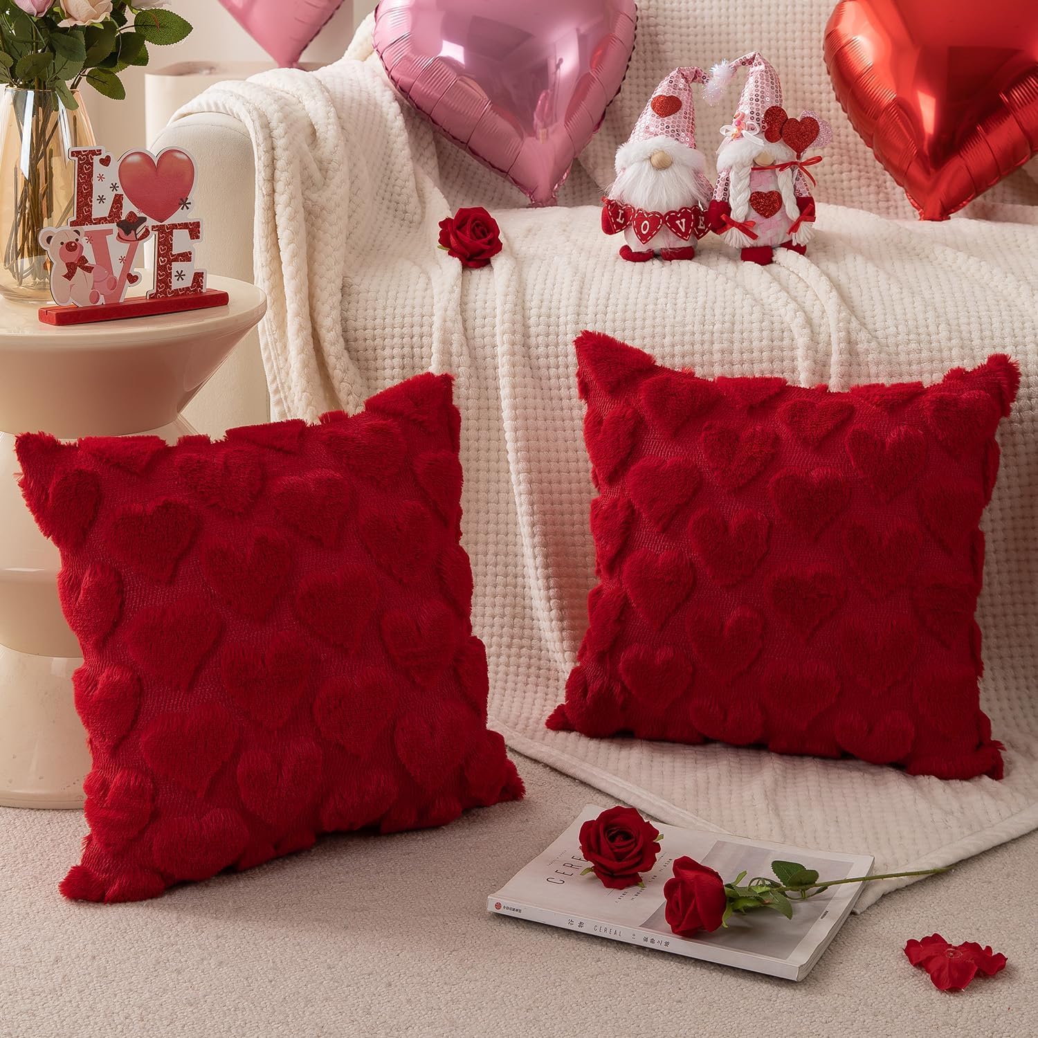 Valentines Day Red Heart Soft Plush Love Heart Pillow Covers Room Decor Cute Faux Fur Soft Preppy Stuff Gift Fluffy Plush Pillow Covers For Bed Sofa Couch (18 X 18 Inch,Red)