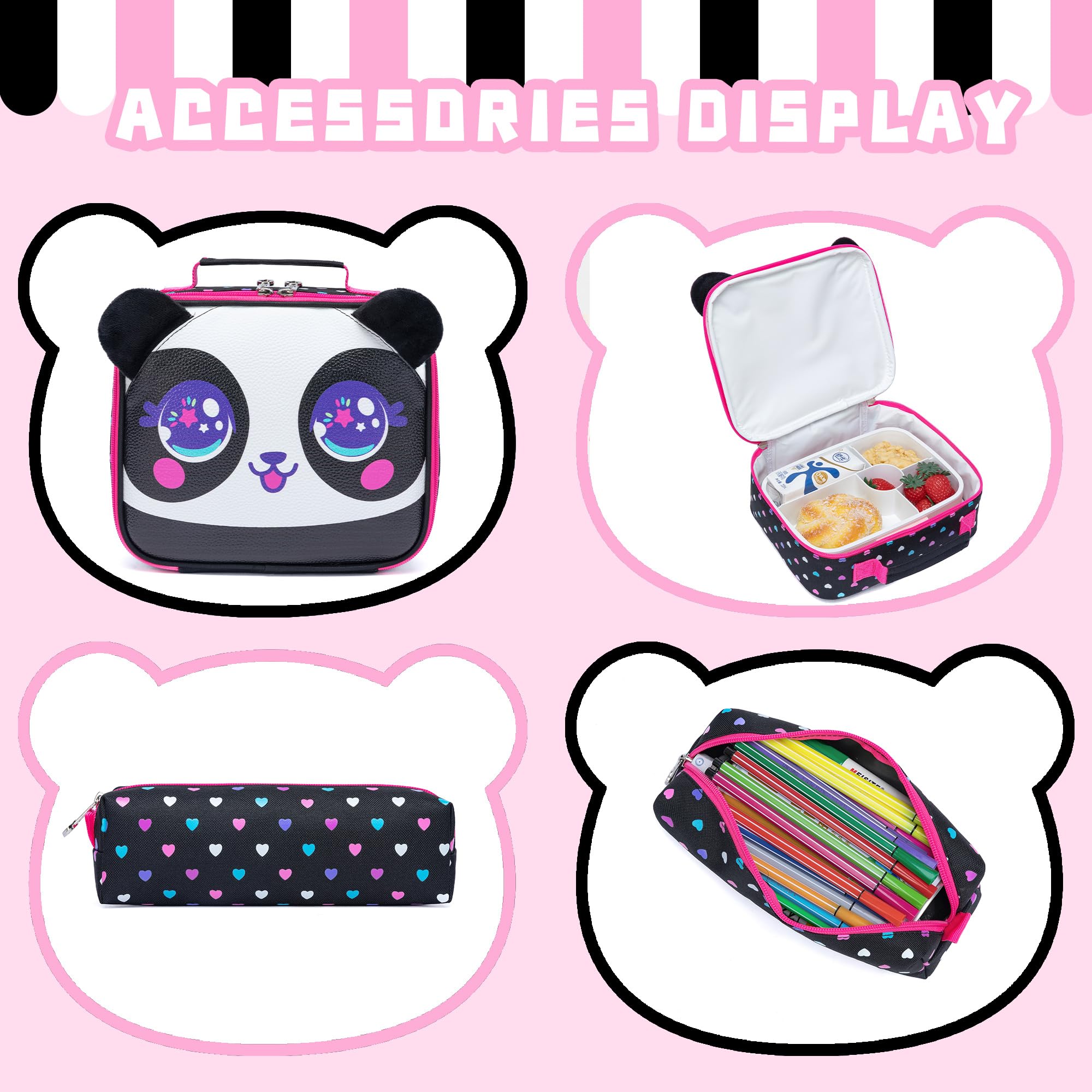 MYHSBYO Panda Kids Backpacks for Girls School Bag with Lunch Box School Backpack for Girls Set Cute Bookbag for Kindergarten
