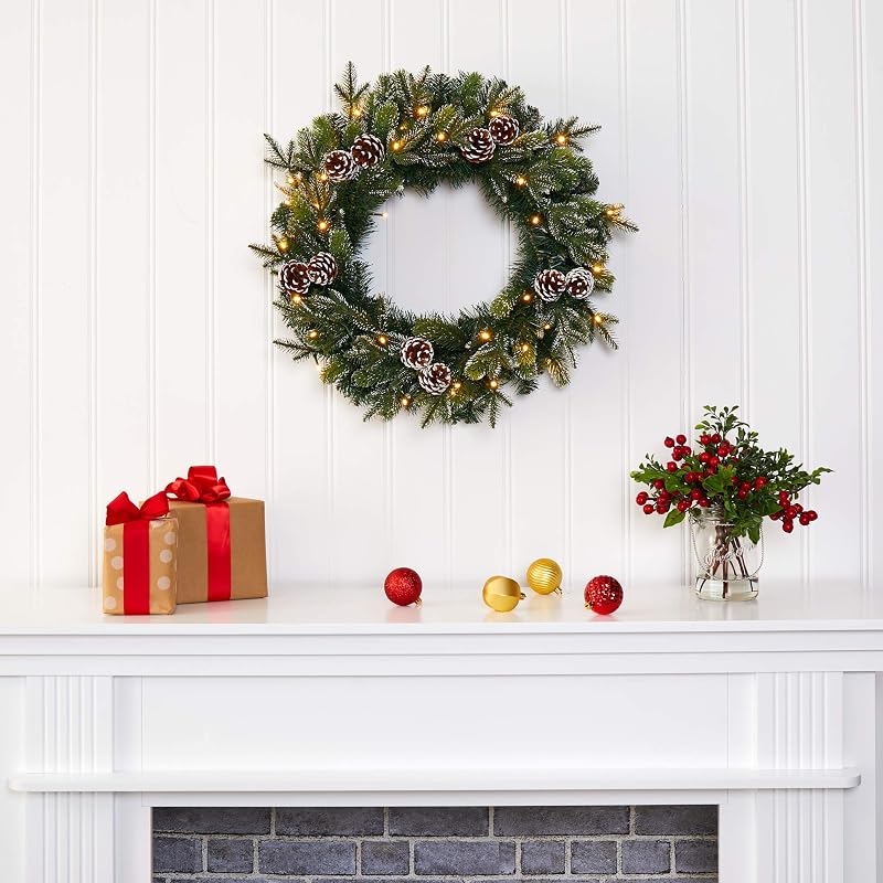 24-Inch Pre-Lit Christmas Wreath with Snowed Pinecones, 35 LEDs