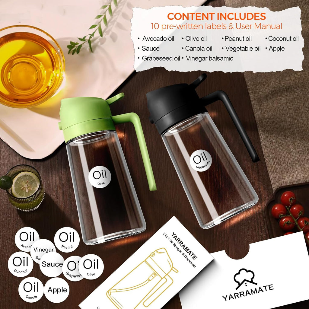 YARRAMATE Glass Olive Oil Sprayer - 16oz with 20 Color Labels | Elegant Black Design