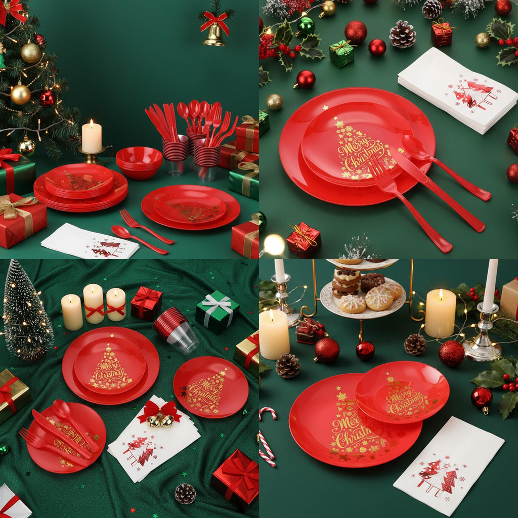 Shellwei 280 Pcs Plastic Dinnerware Set, Disposable Plates Includes 40 Dinner Plates 40 Cups 40 Dessert Plate 40 Papers Napkins 40 Forks Knives Spoons for Party (Christmas)