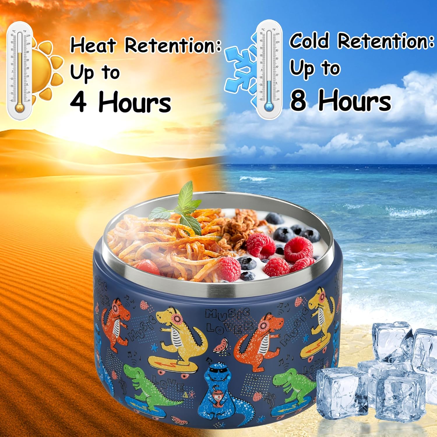 Pawtong Insulated Vacuum Food Jar - 12oz Leakproof Stainless Steel Lunch Container for Kids | Blue Dinosaur