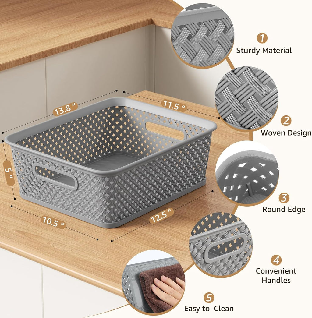 MaxGear Storage Bins - 3-Pack Plastic Organizer Baskets with Handles | Large Grey Woven Design for Home & Office