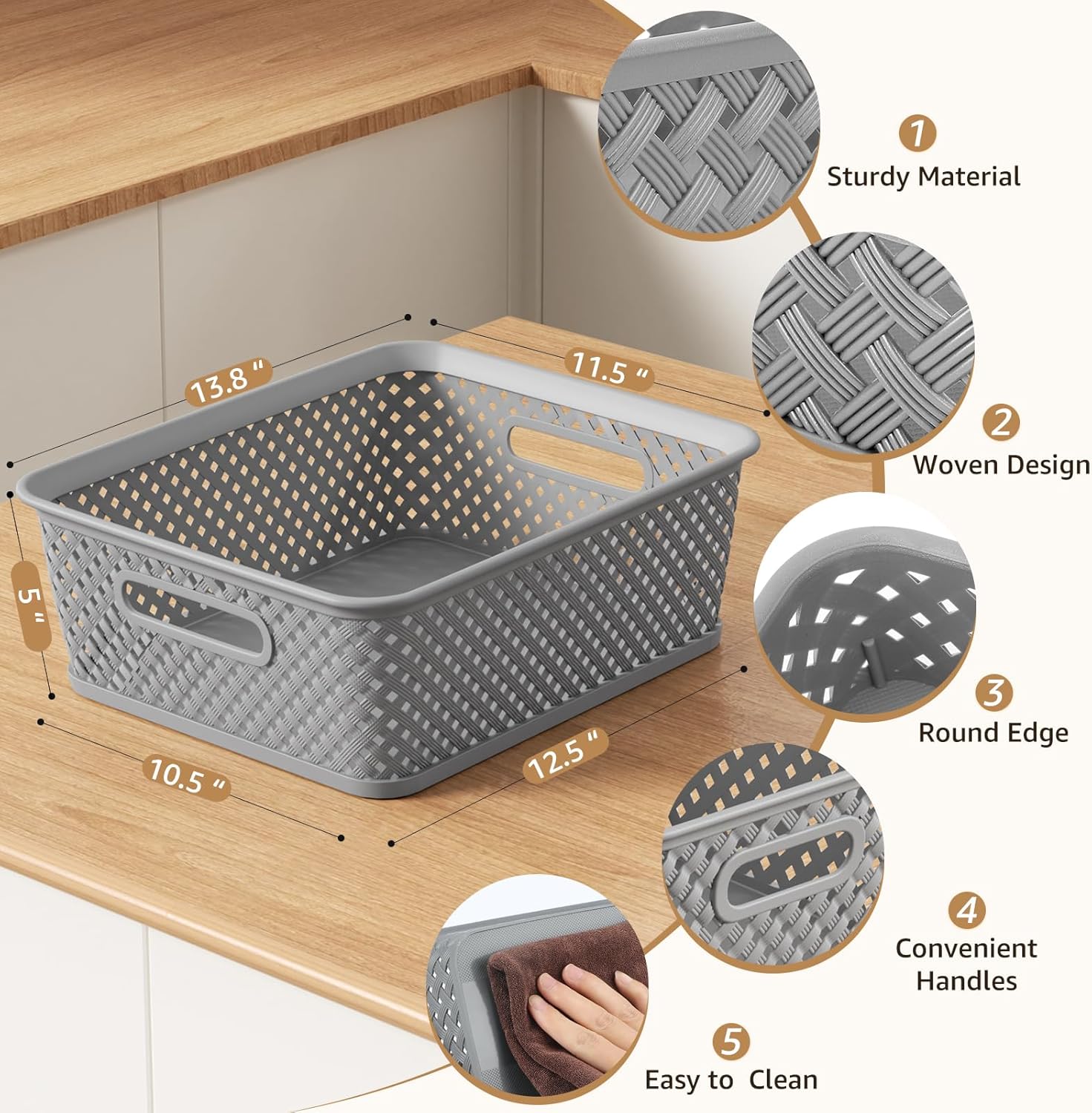 MaxGear Storage Bins - 3-Pack Plastic Organizer Baskets with Handles | Large Grey Woven Design for Home & Office