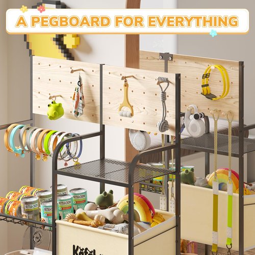 KAFAHOM Dog Toy Basket with Pegboard, Dogs Toy Bin with Storage Organizer, All-in-One Dog Stuff Box & Essential Holder, Perfect Basket for Dog Toys in Living Room, Great Gifts for Pet Lovers, Black