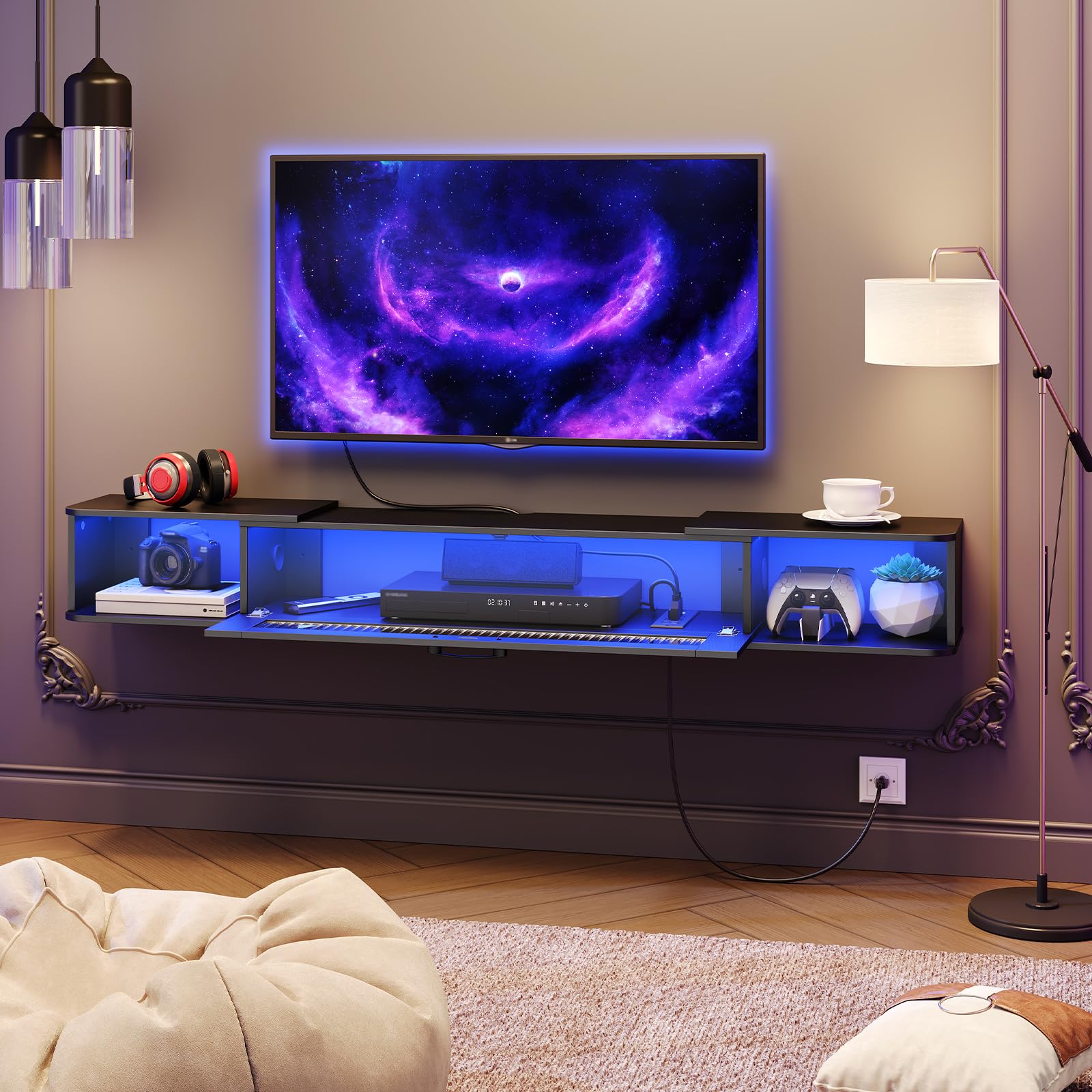 HOOBRO Floating TV Stand with LED Light Power Outlet for TVs up to 75”, Wall Mounted TV Shelf, Modern Media Console Entertainment Center Under TV, for Living Room Bedroom, Black BK36UDDS01G1