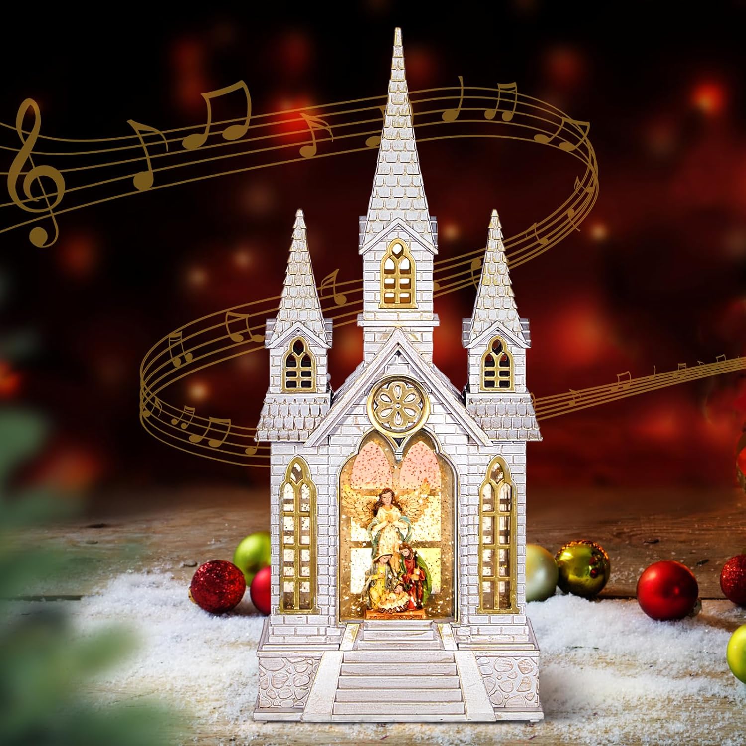 Skiennix Church Snow Globe | Lighted Christmas Lantern with Angel Nativity Scene - Musical Decor