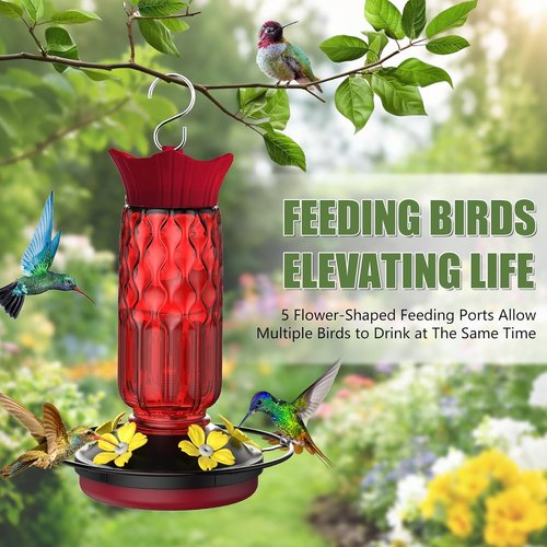 Hummingbird Feeders - 16 Oz Hanging Feeder with 5 Flower Ports & Ant Moat | Perfect Outdoor Garden Decor