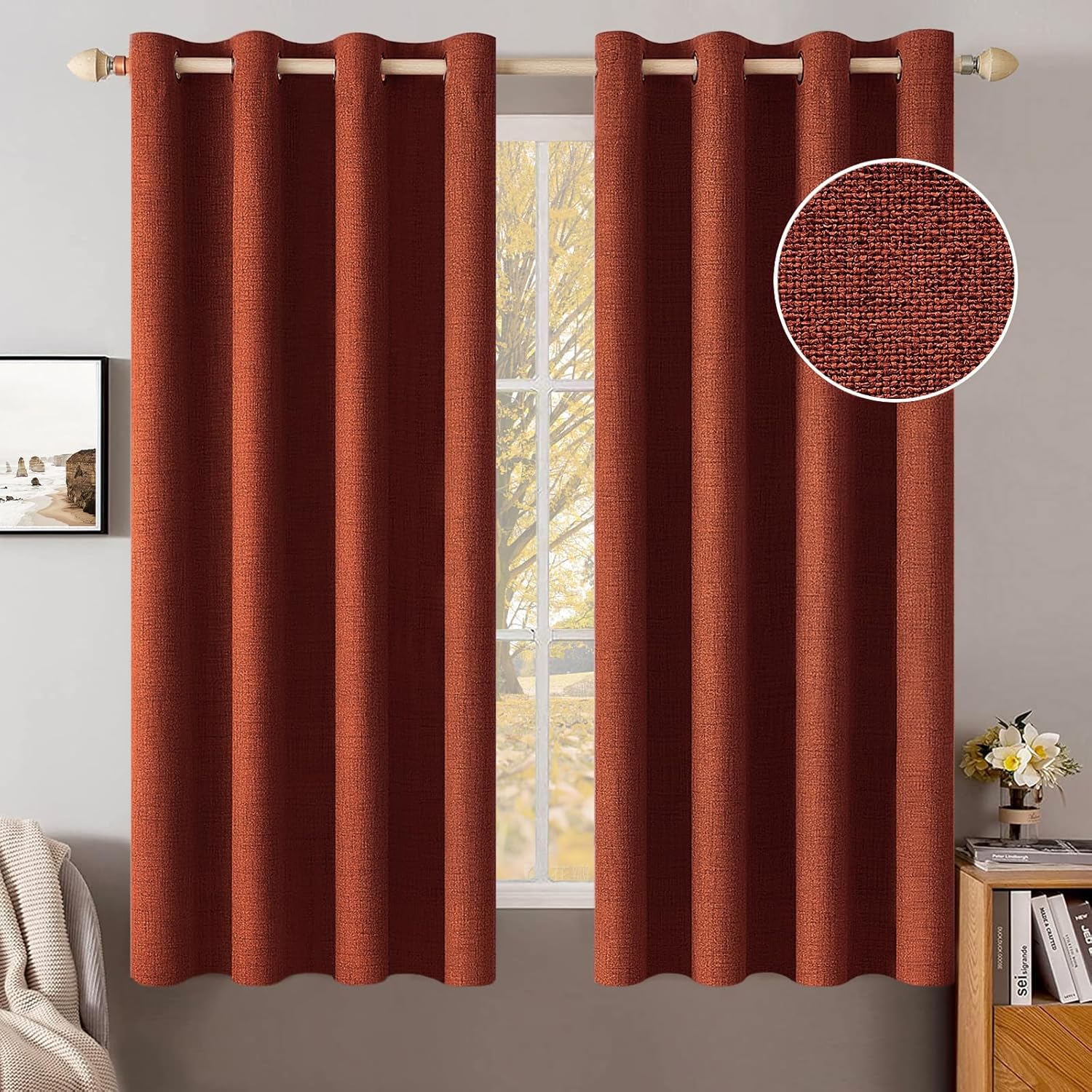 MIULEE Blackout Linen Curtains - 100% Thermal Insulated Burnt Orange Drapes | 52 x 54 Inch (2 Panels)