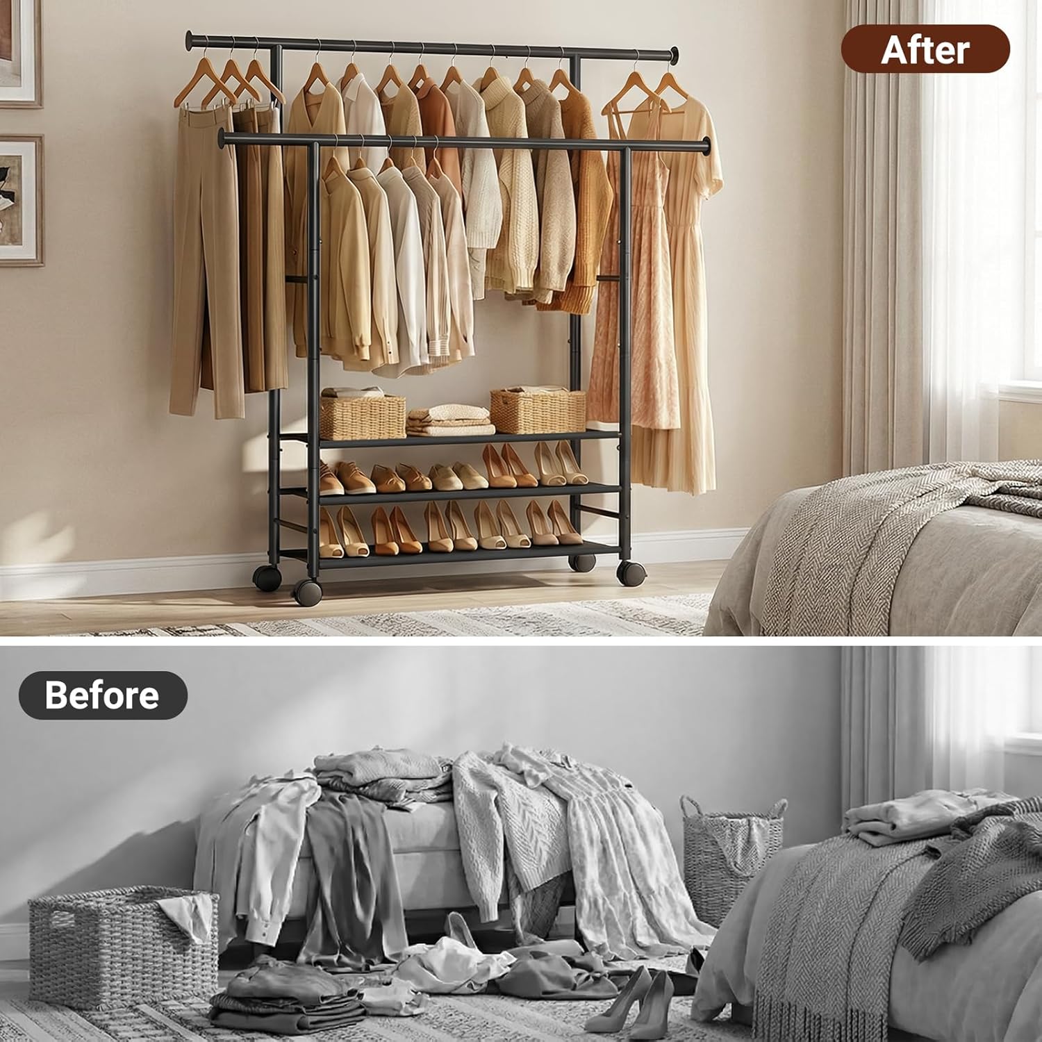 Sleeping Lamb Double Rod Clothes Rack - Sturdy Portable Garment Rack with 3-Tier Shelves | Black