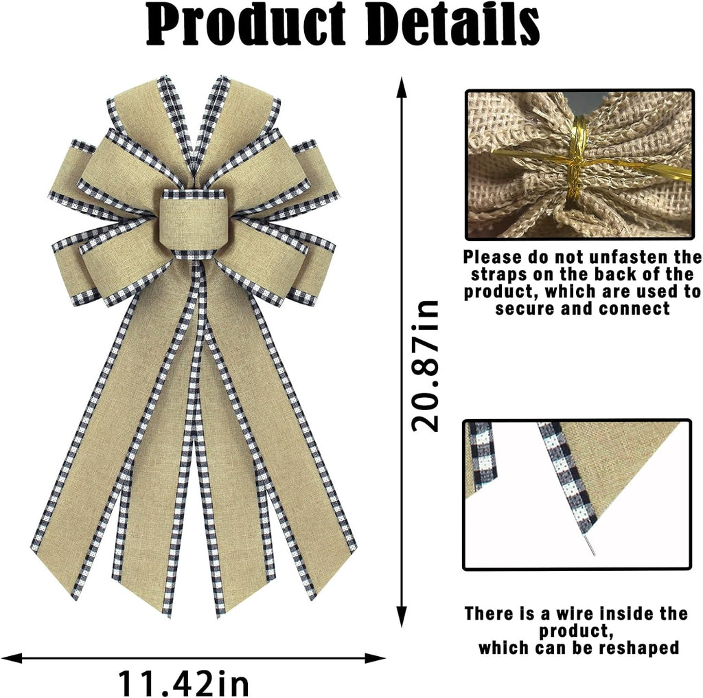 Natural Burlap Wreath Bow - Buffalo Plaid Edge Design | Perfect for Wedding & Home Decor