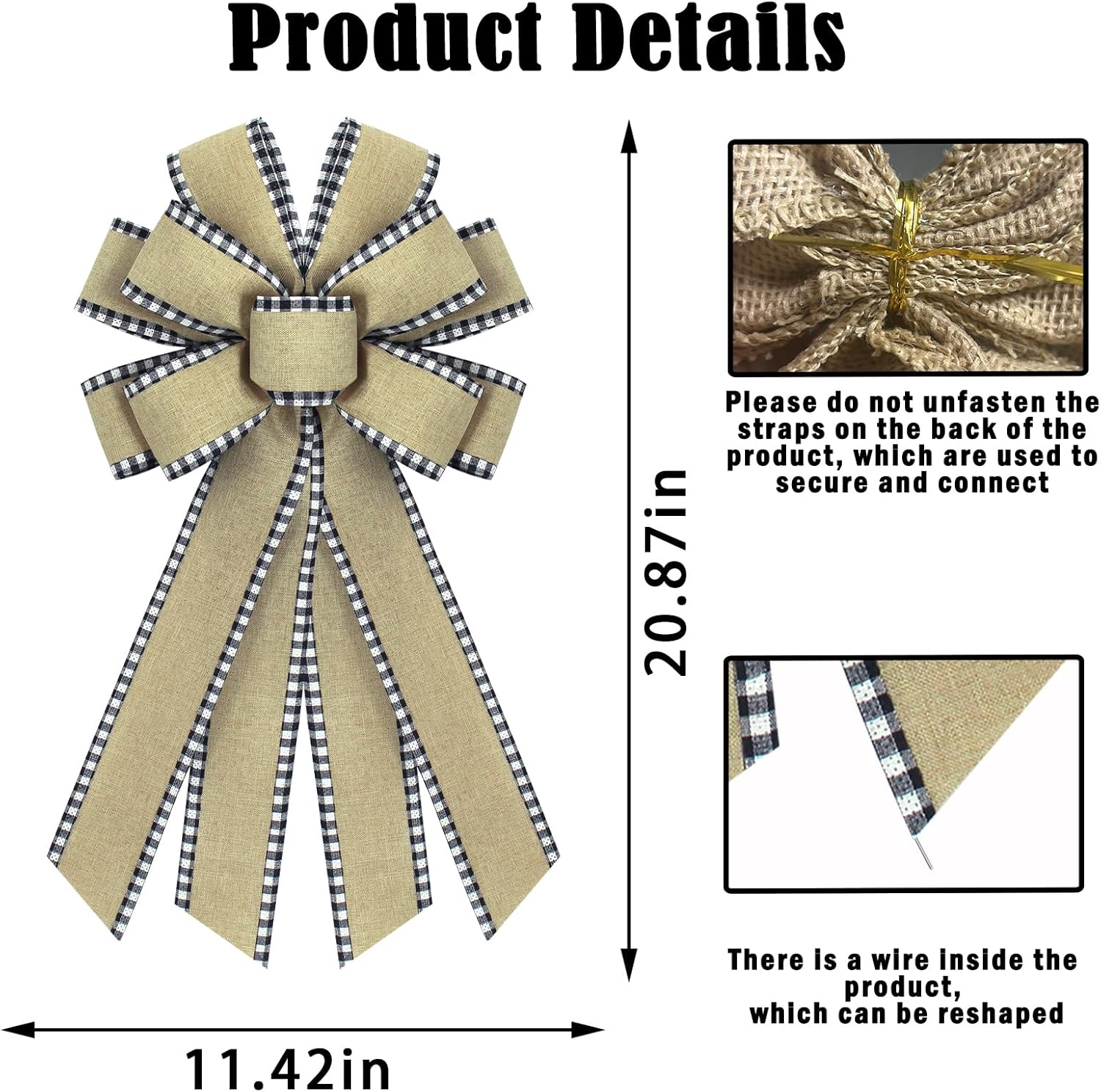 Natural Burlap Wreath Bow - Buffalo Plaid Edge Design | Perfect for Wedding & Home Decor