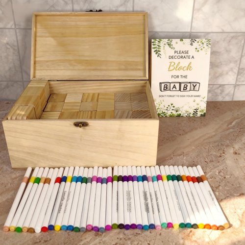 VELLCHO 98PCS Baby Shower Games Sign Kit, Baby Shower Blocks to Decorate - 60 Blank Wooden Blocks(1.5 inches Each),36 Markers,a Baby Shower Sign and Wooden Storage Box,Fun Party Favors