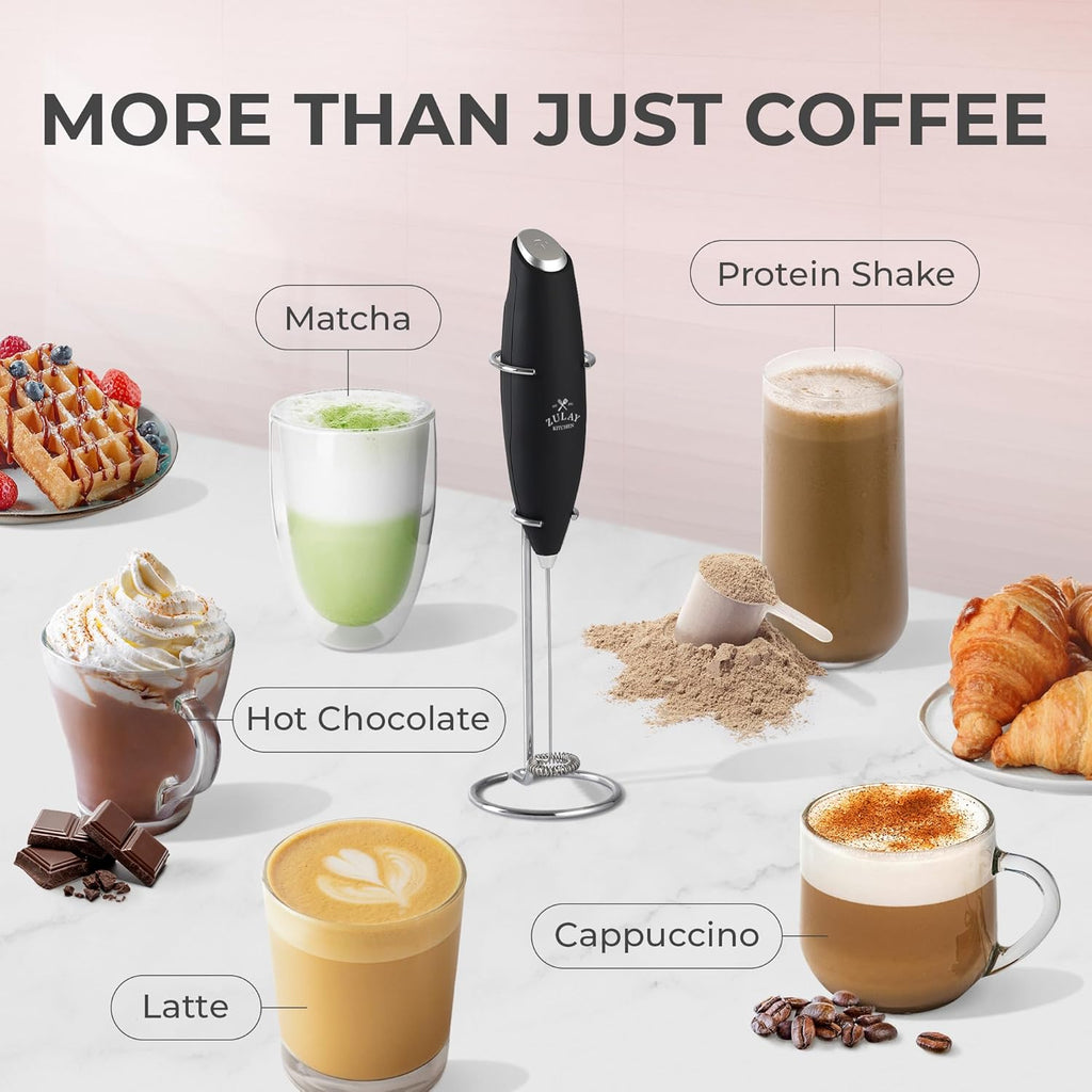 Zulay Premium Milk Frother Set - Handheld Coffee Frother with Stand & 12oz Pitcher | 4 Latte Art Stencils, 13,000 RPM Motor