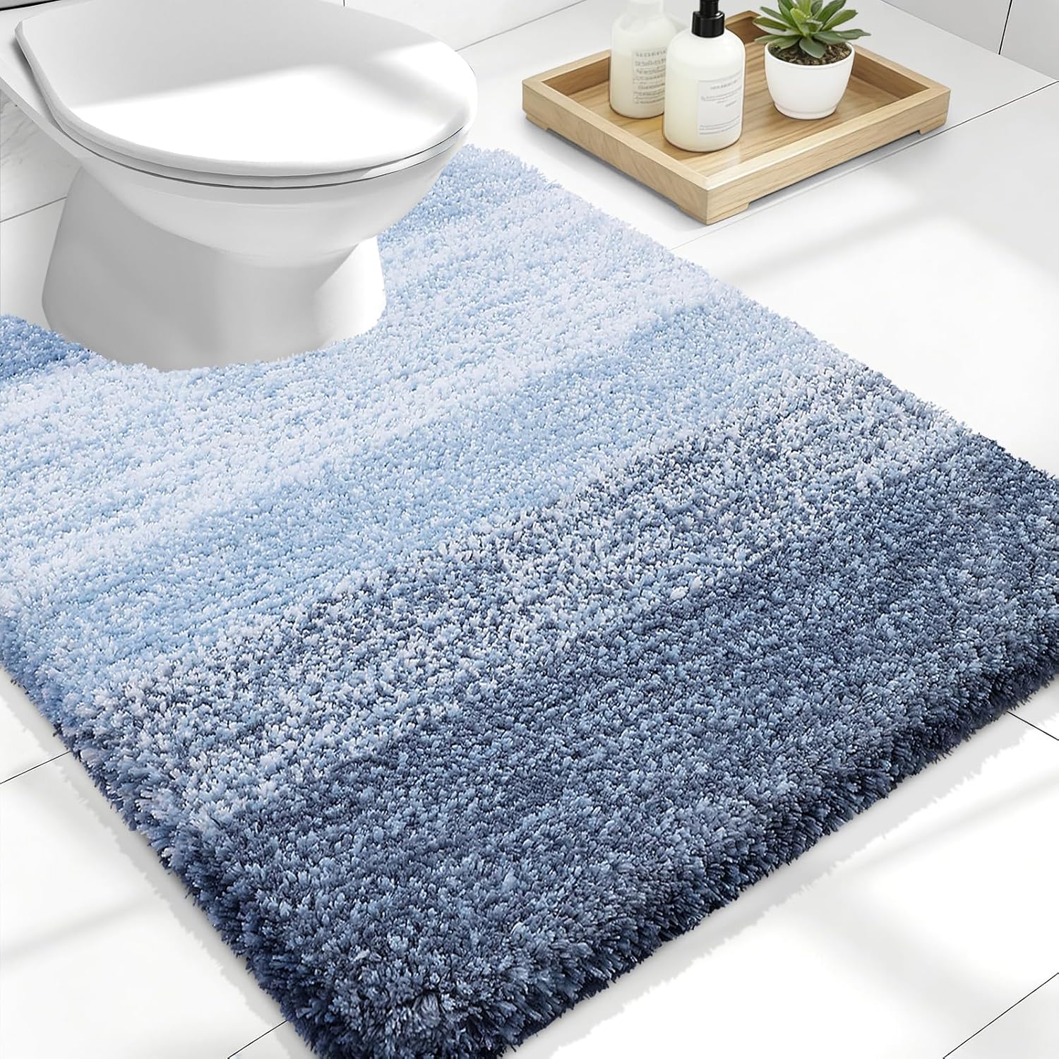 OLANLY Luxury U-Shaped Toilet Rugs - Extra Soft, Absorbent Microfiber Bath Mat, 24x20, Non-Slip, Blue