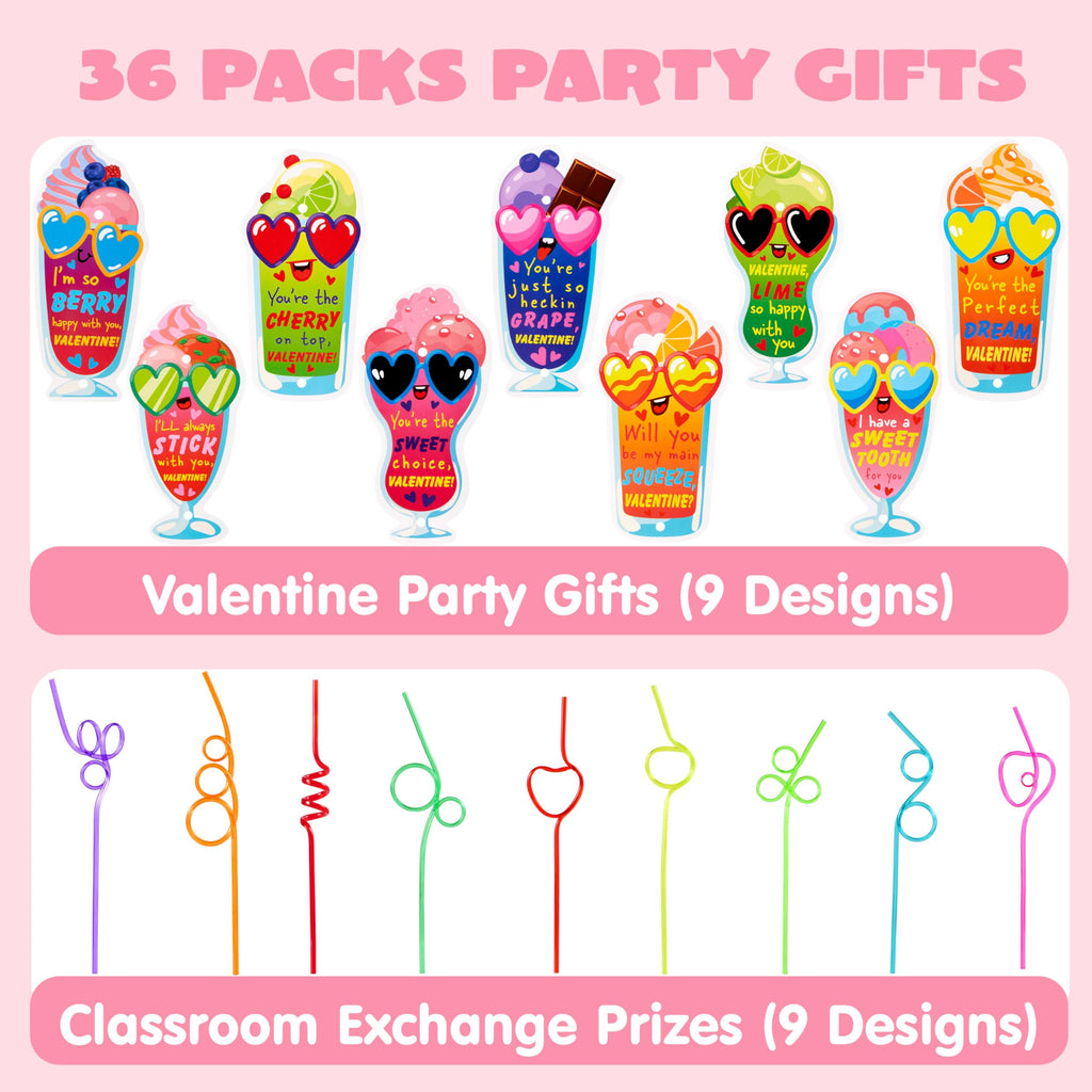 JOYIN 36 Pack Valentines Day Gift Cards with Colorful Loop Reusable Drinking Straws for Kids Valentine Party Favor, Classroom Gift Exchange, School Prizes