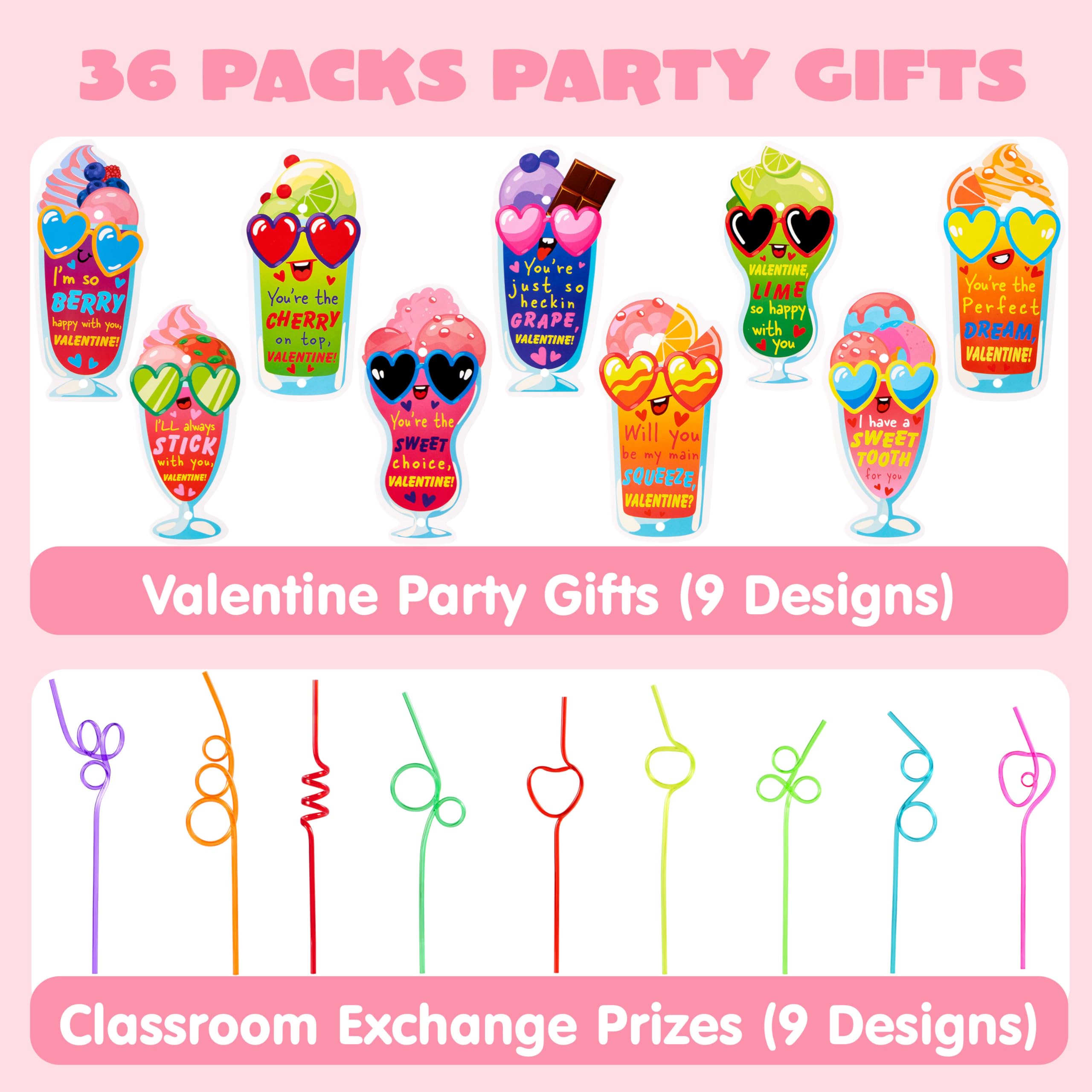 JOYIN 36 Pack Valentines Day Gift Cards with Colorful Loop Reusable Drinking Straws for Kids Valentine Party Favor, Classroom Gift Exchange, School Prizes