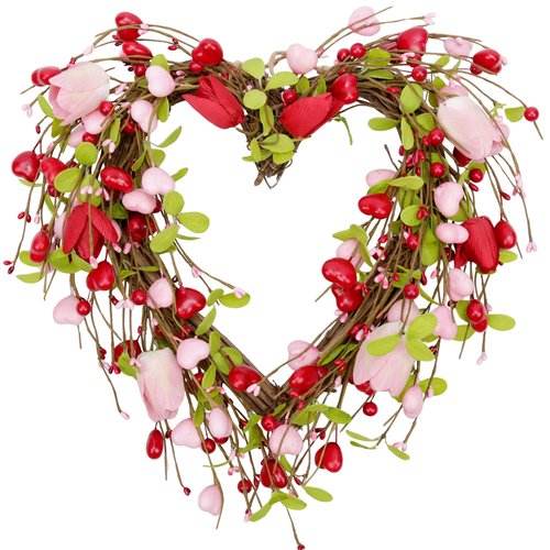 15 Inch Valentine's Day Wreath for Front Door Heart Wreaths Valentine's Day Decorations Pink Tulip Spring Wreath for Valentine's Day Gift Anniversary Wedding Home Decor