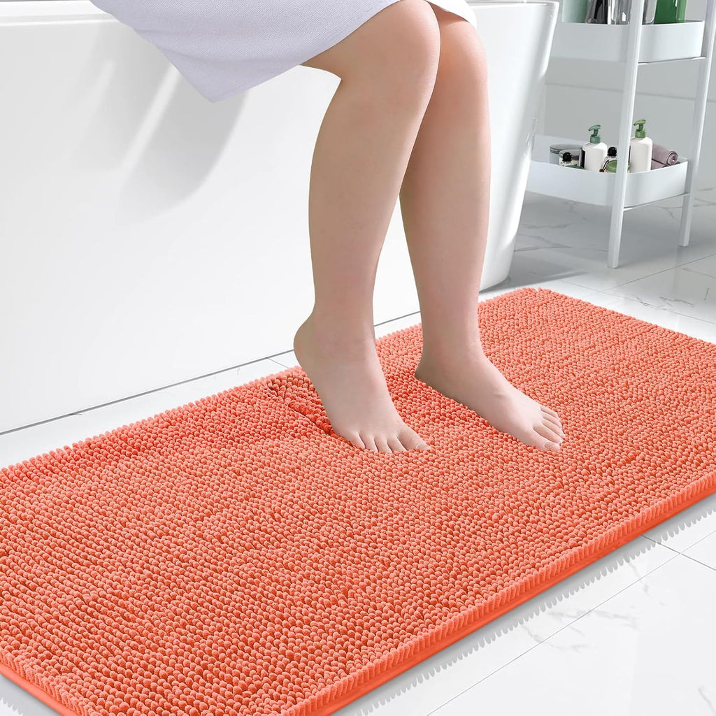 OLANLY Bathroom Rugs - Extra Soft Chenille Bath Mats with Rubber Backing | 47x24 Inches, Coral Color