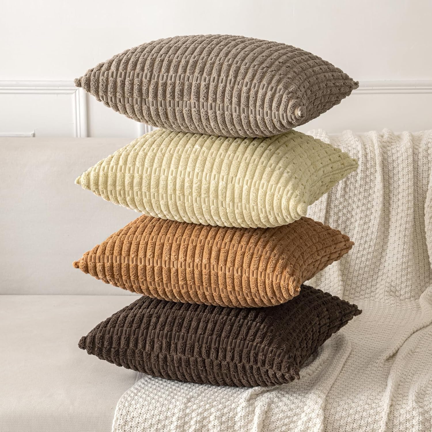 MIULEE Corduroy Decorative Lumbar Pillow Covers - Soft Boho Striped Design | 20x12 Inch, Brown