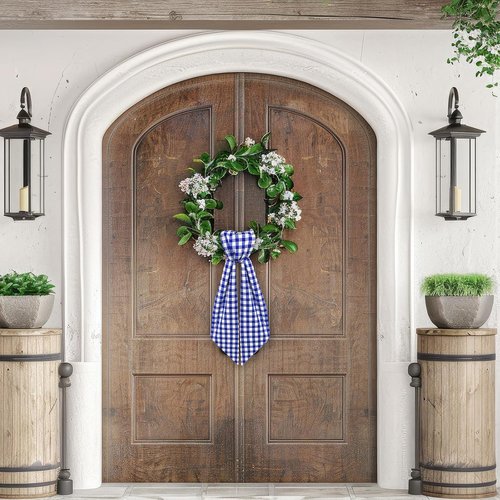 Blue Buffalo Plaid Wreath Sash by [Brand Name] - Satin & Burlap Ribbon for Indoor/Outdoor Decor | 5.1 x 54.3 Inches